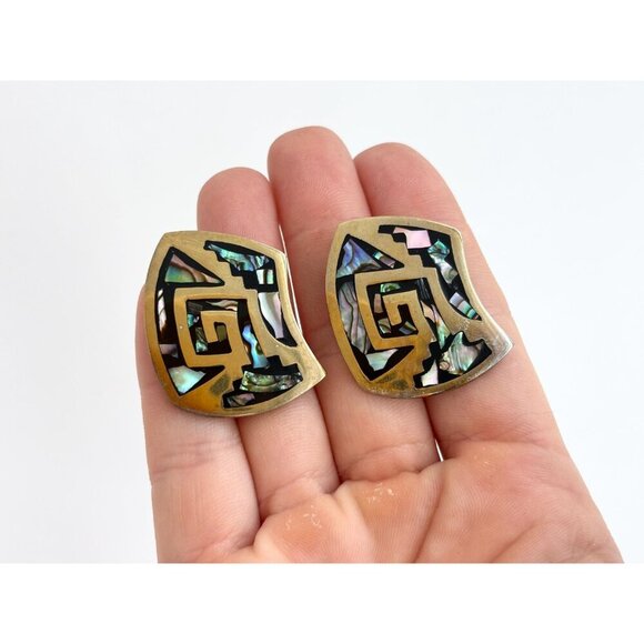 Modernist Sterling Silver Vermeil Taxco Mexican Abalone Vintage Clip On Earrings - Picture 9 of 10